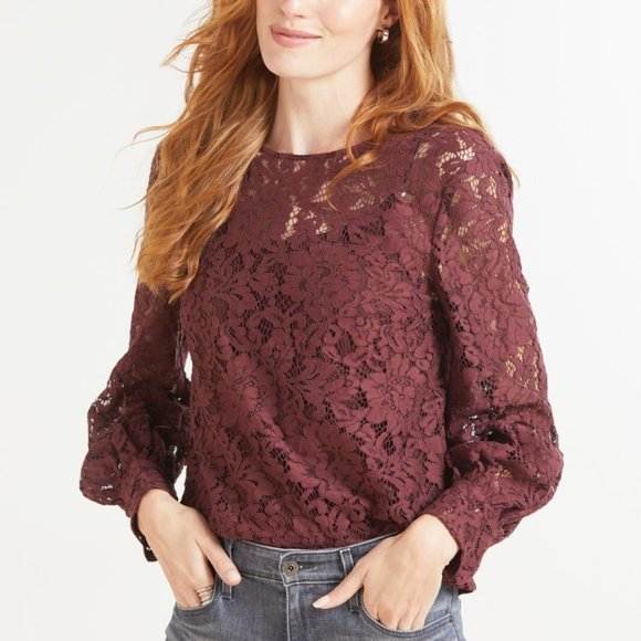 Women's NWT Evereve Allison Joy Burgundy Aviva Volume Sleeve‎ Lace Top - Picture 2 of 7